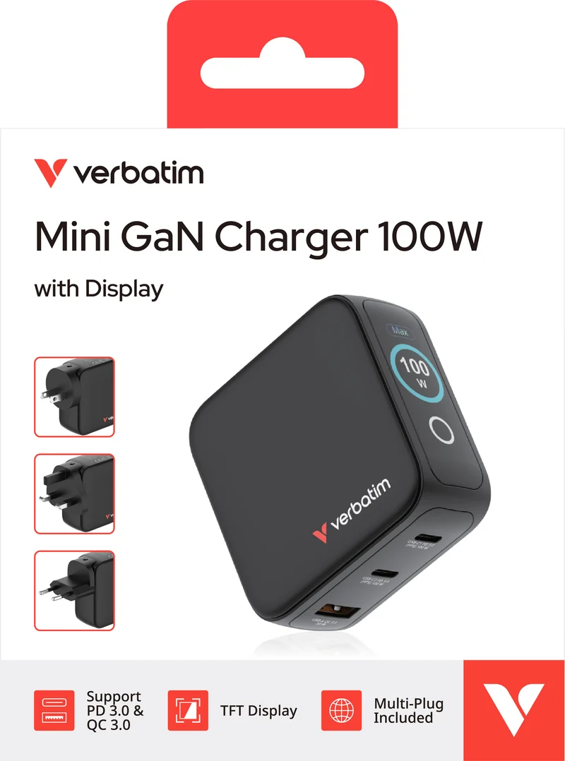 Verbatim Ladeadapter, Mini GaN mit Display, 100W, schwarz 1x USB-A QC, 2x USB-C PD3.0, Retail