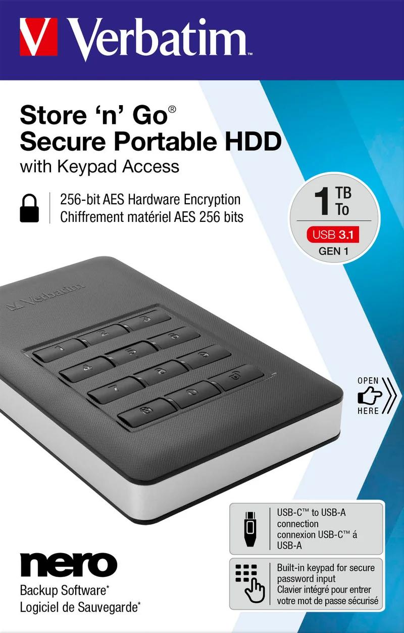 Verbatim Festplatte 1TB USB 3.1, A-C, 6.35cm (2.5''), schwarz Secure Portable, Keypad, AES-256-Bit, Retail
