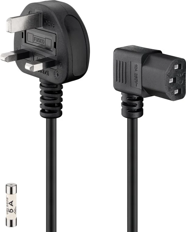 Goobay UK-Geräteanschlusskabel, 2 m, Schwarz - UK 3-Pin-Stecker (Typ G, BS 1363) > Gerätestecker C13 (abgewinkelt)