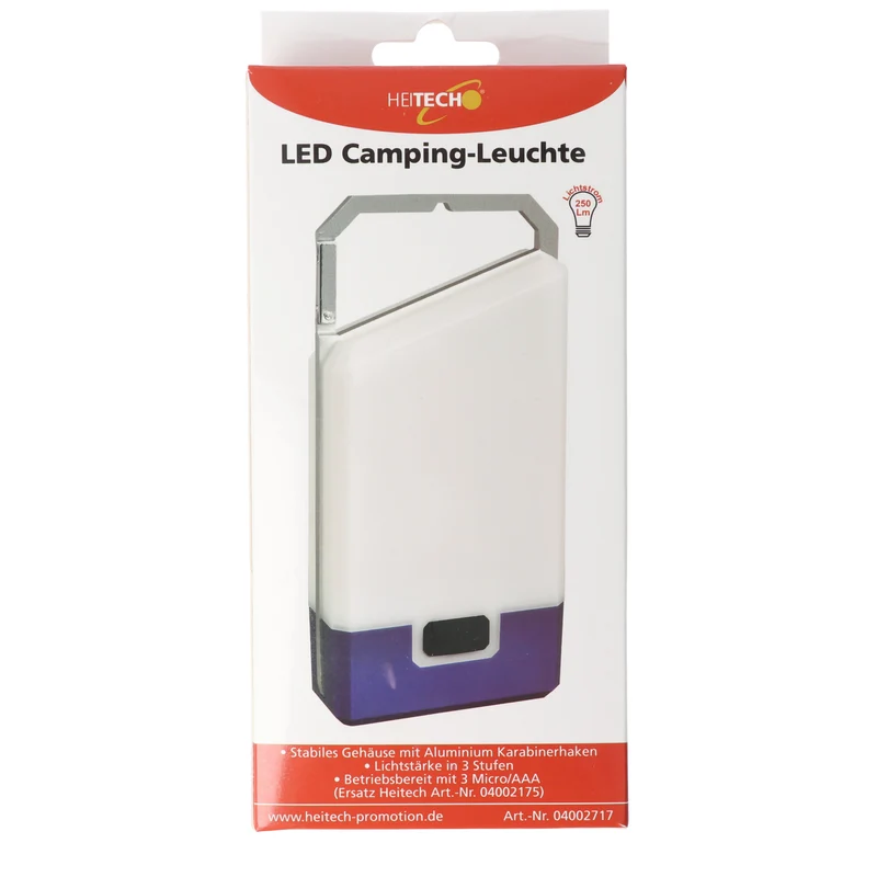 Heitech LED Camping Leuchte mit 3 Leuchtstufen, 250 Lumen, integrierter Karabinerhaken, inklusive 6x Micro, AAA Batterien