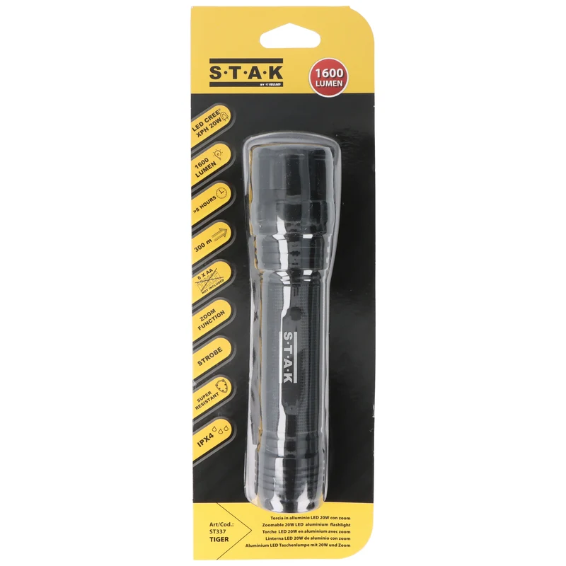 Velamp LED Stabtaschenlampe, LED CREE XPH 20W mit Zoom, für 6x AA Batterien