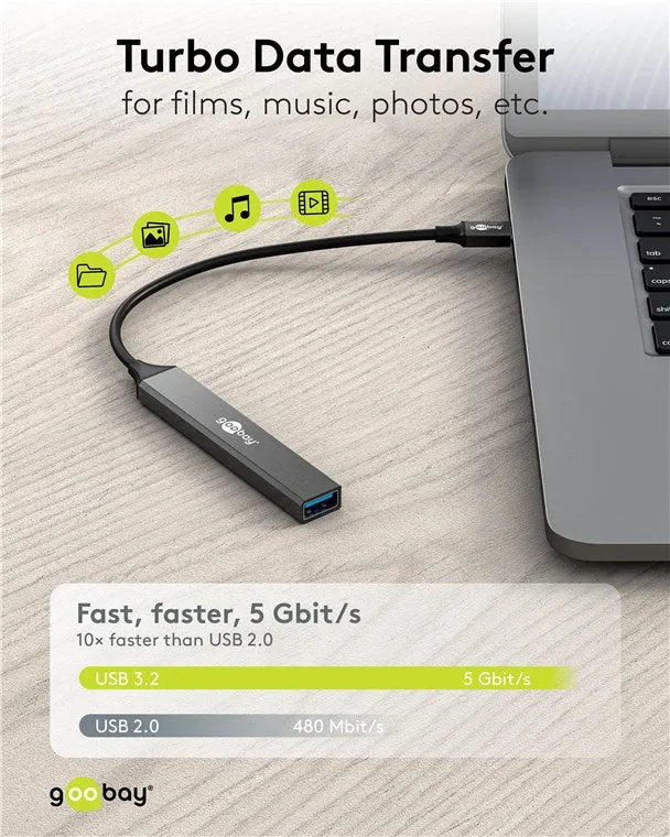 Goobay Slim 4-Port USB-Hub, USB-A auf USB-C™/USB-A, USB 3.2 - USB-A-Stecker (USB 3.2) > 1x USB-A-Buchse (USB 3.2), 1x USB-C™-Buchse (USB 2.0), 2x USB-A-Buchse (USB 2.0)