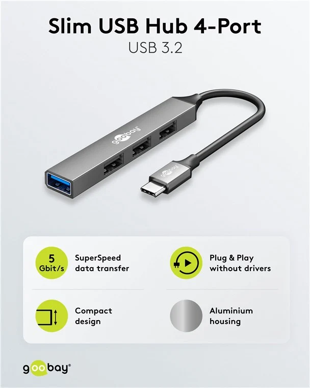 Goobay Slim 4-Port USB-Hub, USB-C™ auf USB-A, USB 3.2 - USB-C™-Stecker (USB 3.2) > 1x USB-A-Buchse (USB 3.2), 3x USB-A-Buchse (USB 2.0)