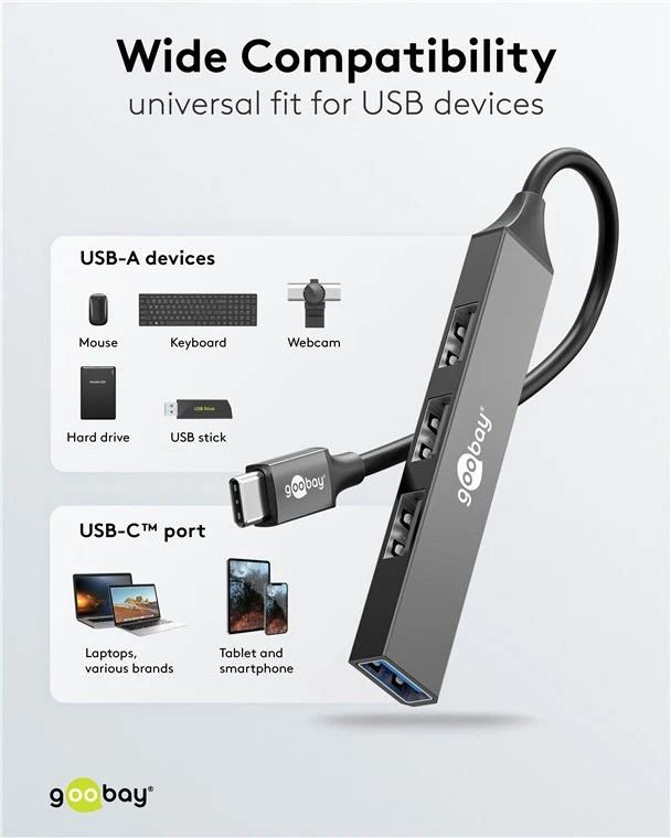 Goobay Slim 4-Port USB-Hub, USB-C™ auf USB-A, USB 3.2 - USB-C™-Stecker (USB 3.2) > 1x USB-A-Buchse (USB 3.2), 3x USB-A-Buchse (USB 2.0)