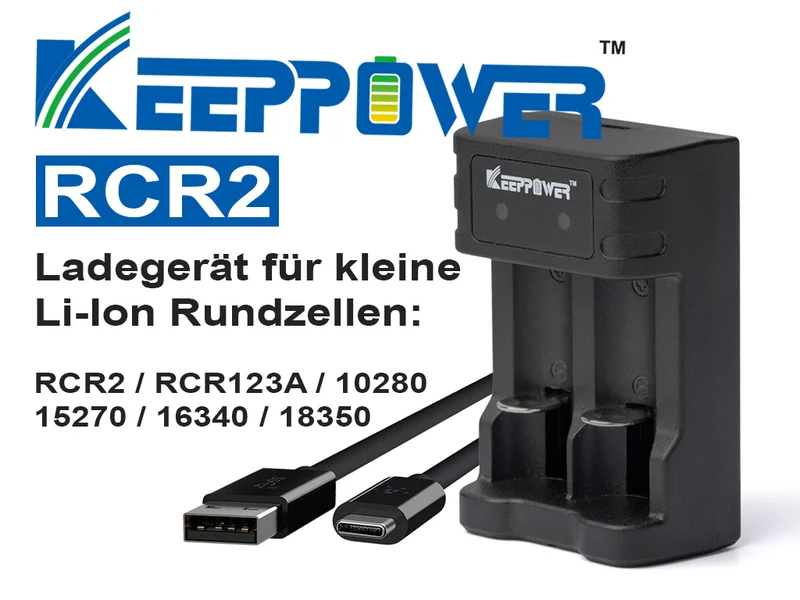 Keeppower RCR2 Ladegerät für RCR2 RCR123A 16340 18350 3,6V - 3,7V Li-Ionen Akkus