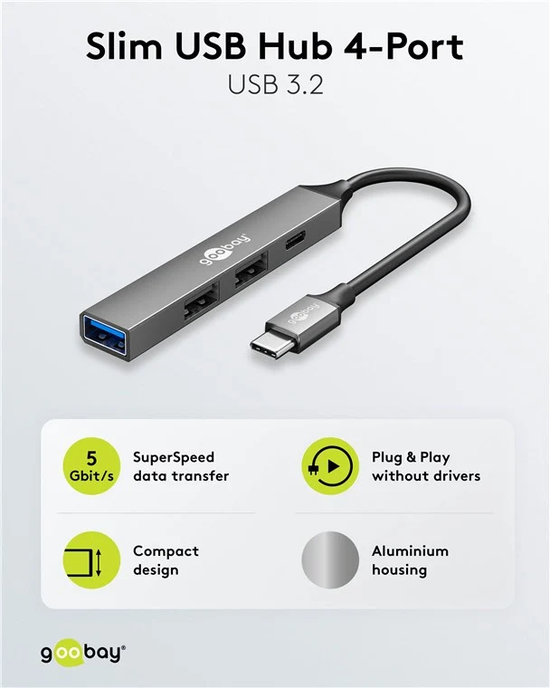 Goobay Slim 4-Port USB-Hub, USB-C™ auf USB-C™/USB-A, USB 3.2 - USB-C™-Stecker > 1x USB-A-Buchse (USB 3.2), 1x USB-C™-Buchse (USB 2.0), 2x USB-A-Buchse (USB 2.0)