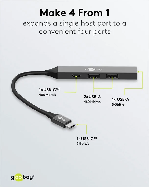 Goobay Slim 4-Port USB-Hub, USB-C™ auf USB-C™/USB-A, USB 3.2 - USB-C™-Stecker > 1x USB-A-Buchse (USB 3.2), 1x USB-C™-Buchse (USB 2.0), 2x USB-A-Buchse (USB 2.0)