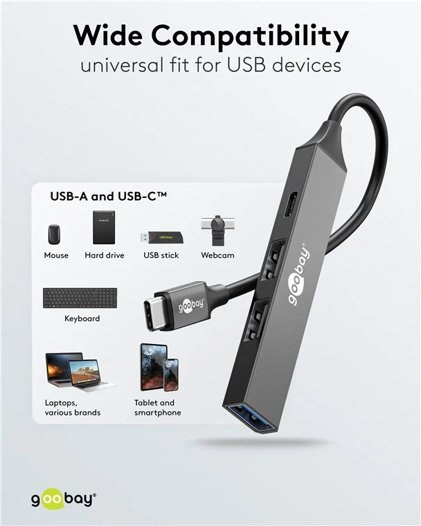 Goobay Slim 4-Port USB-Hub, USB-C™ auf USB-C™/USB-A, USB 3.2 - USB-C™-Stecker > 1x USB-A-Buchse (USB 3.2), 1x USB-C™-Buchse (USB 2.0), 2x USB-A-Buchse (USB 2.0)