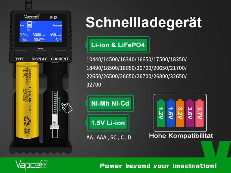 Vapcell SU2 – leistungsstarkes 2-Schacht Schnellladegerät für Li-Ion, LiFePO4, NiMH/NiCd und 1,5V Li-Ion Akkus