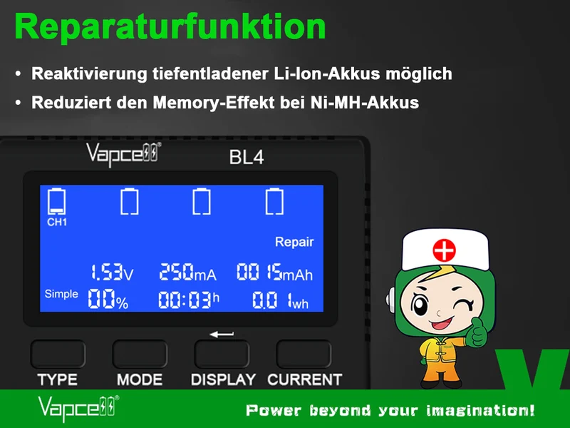 Vapcell BL4 Universal-Ladegerät mit 4 Schächten für Li-Ion, LiFePO4, NiMH und 1,5V Li-Ion Akkus