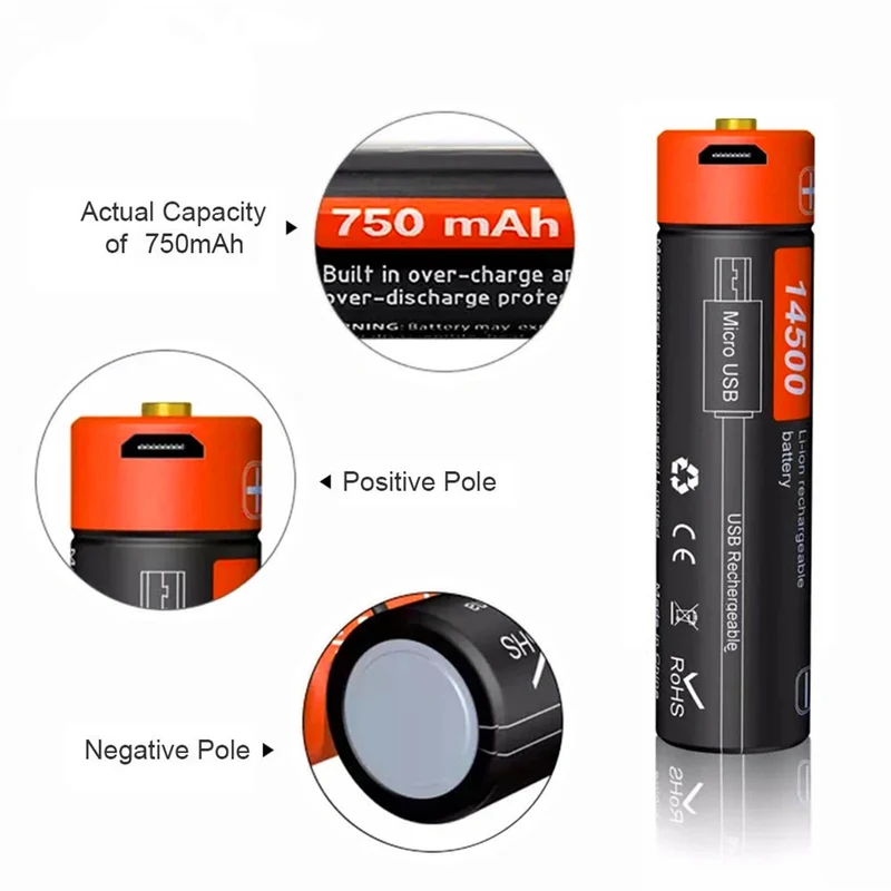 14500 750 mAh 3,7 V USB-Li-Ion-Akku Tatsächliche Kapazität USB-DC-Ladevorgang fortschrittlicher intelligenter Akku