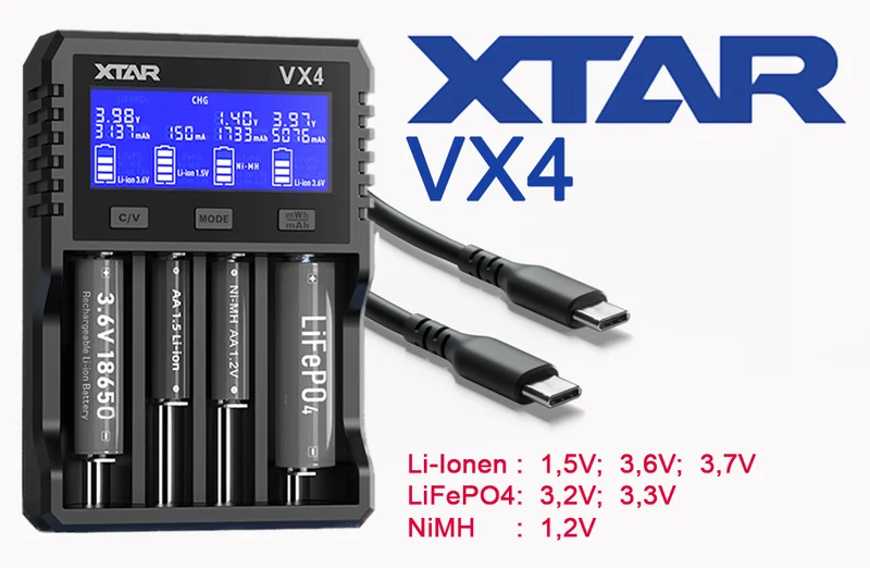 Xtar VX4 – Universelles Analyse Ladegerät für 1,5V; 3,6 - 3,7V Li-Ion; 3,2V LiFePO4 & 1,2V Ni-MH Akkus