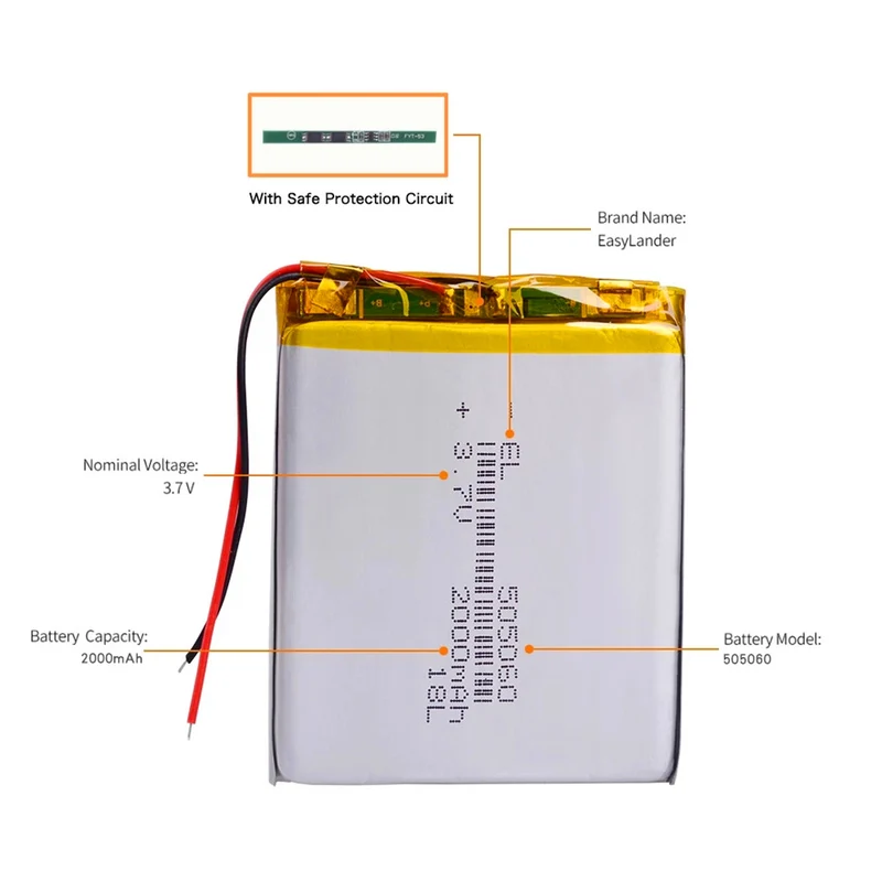3.7V 2000mAh 505060 Lithiumbatterie für Gegensprechanlage Bluetooth-Lautsprecher PDA POS GPSPOS