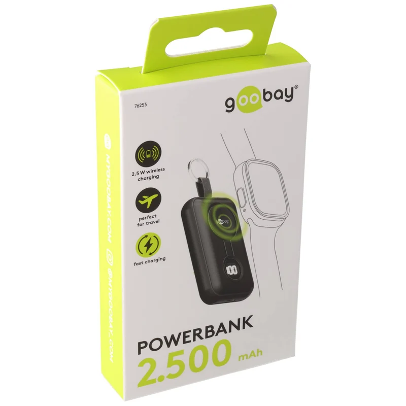 Goobay Wireless Powerbank für Apple Watch und AirPods, Mini-Powerbank, 5W, 2.500mAh, mit Schlüsselring