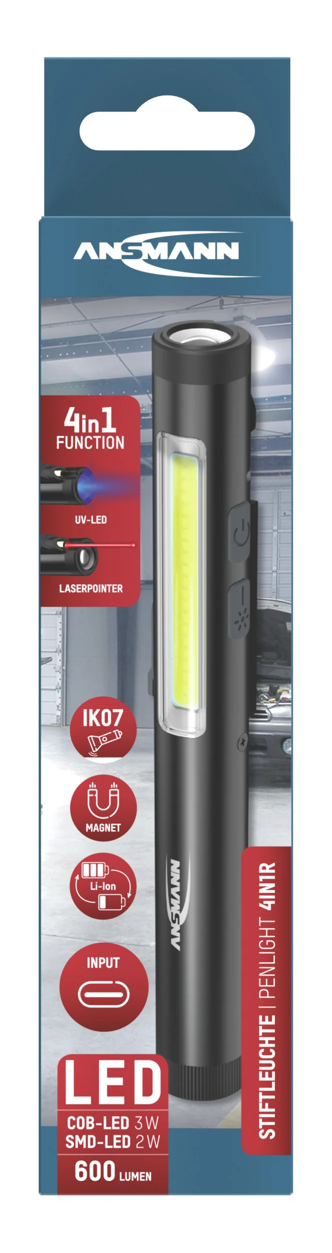 Ansmann Stiftleuchte Penlight 4in1R – wiederaufladbare LED-Stiftlampe mit UV-Licht und Laserpointer
