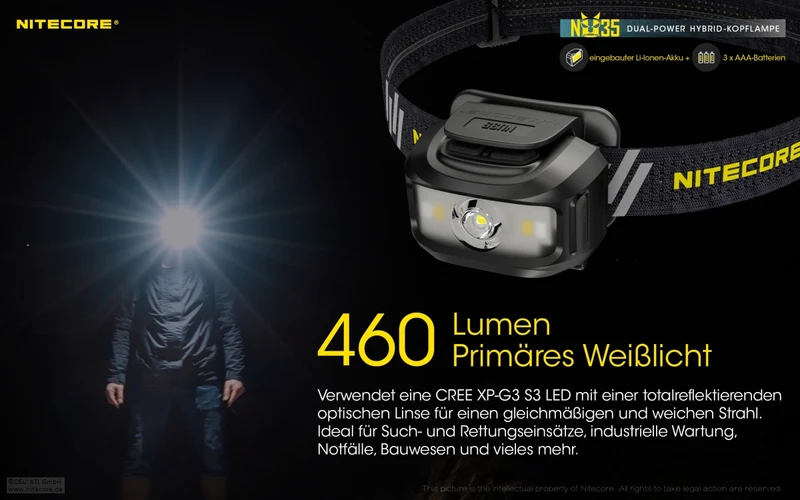 Nitecore Stirnlampe NU35 - Dual Power
