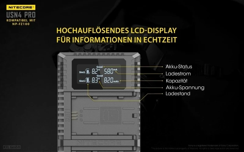 Nitecore USN4 PRO USB-Ladegerät für Sony NP-FZ100 Akku, 2fach Ladegerät