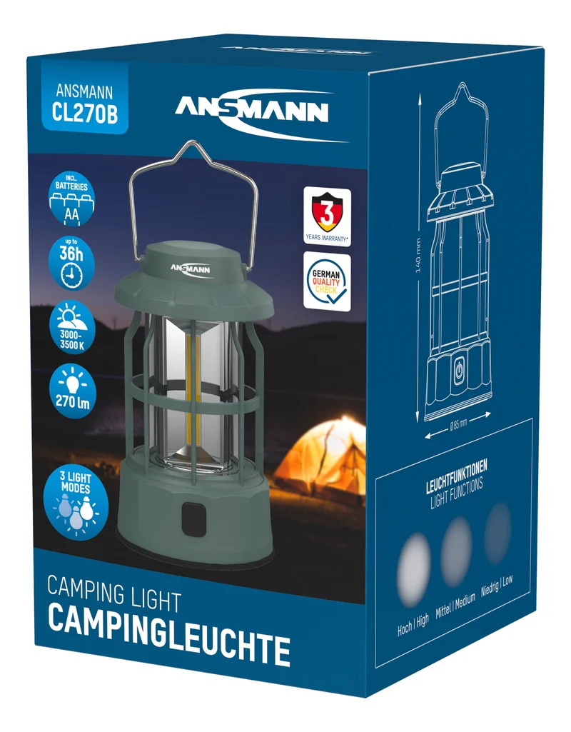 Ansmann Campingleuchte CL270B – batteriebetriebene LED-Campinglampe mit 270 Lumen