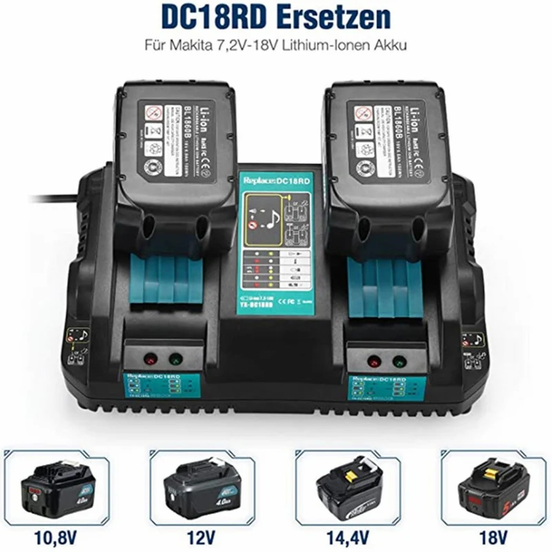DC18RD Dual Port Ladegerät 14.4V-18V Lithium-Ionen-Akku Kompatibel mit Makita BL1815 BL1830 BL1840 BL1850