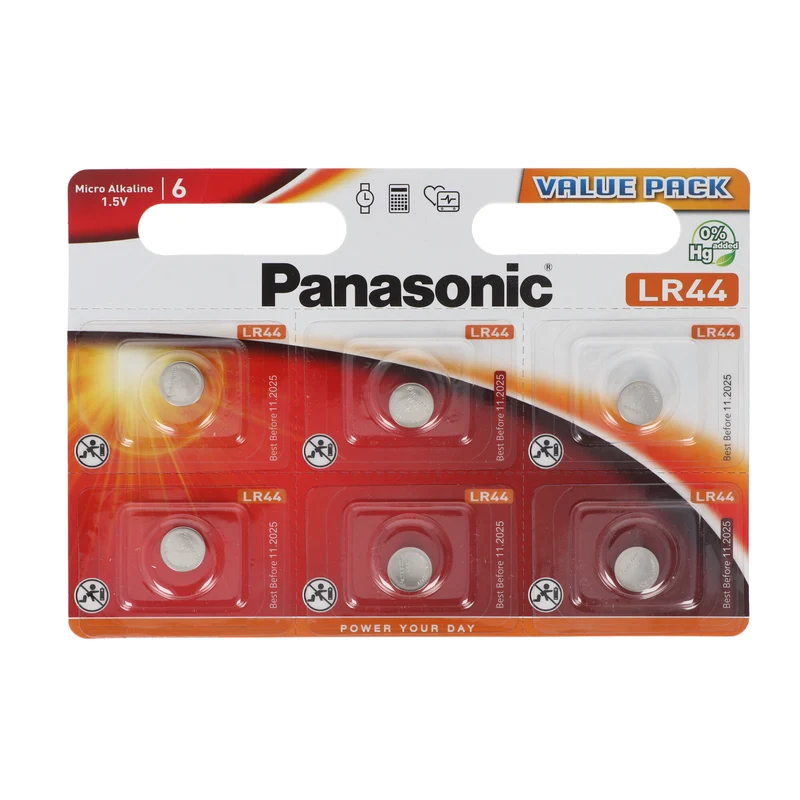Panasonic Batterie Alkaline, Knopfzelle, LR44, V13GA, 1.5V Electronics, Retail Blister (6-Pack)