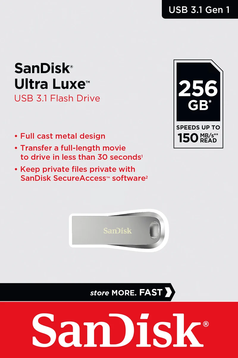 Sandisk USB 3.1 Stick 256GB, Ultra Luxe Typ-A, (R) 150MB/s, SecureAccess, Retail-Blister