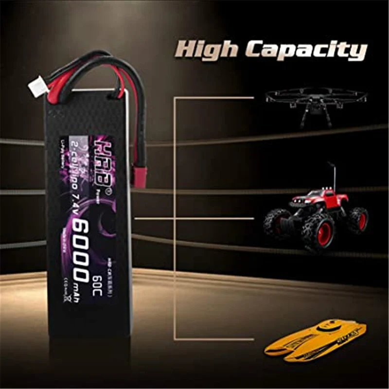 Akku 6000 mAh Lipo Batterie 7,4V 60C 2S mit Female T-Stecker Batterie Ersatzakku für RC Auto Flugzeug Helikopter