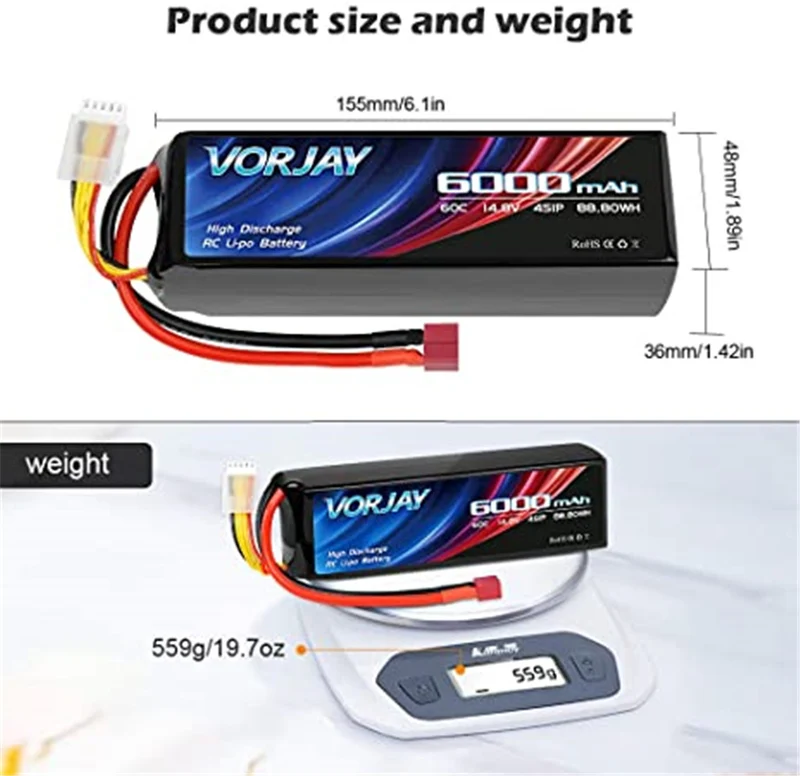 VORJAY 4S 14,8V 60C 6000mAh LiPo Akku mit Deans T Stecker und XT 60 Verbinder Batterie Ersatzakku für Heli Flugzeug Hubschrauber