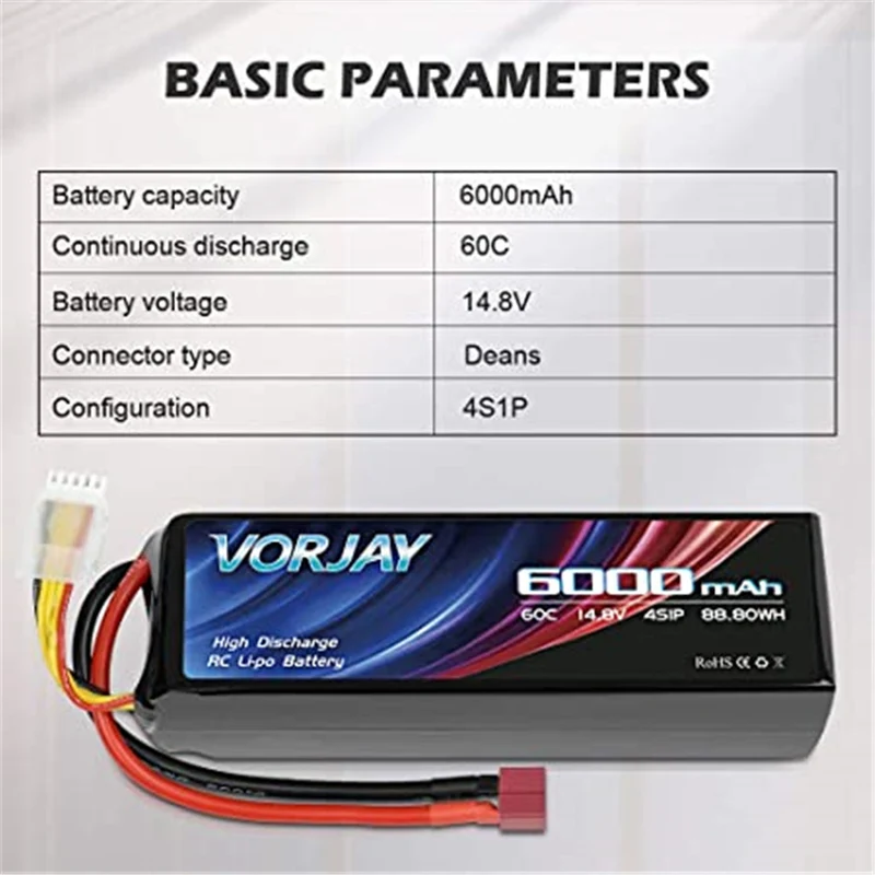 VORJAY 4S 14,8V 60C 6000mAh LiPo Akku mit Deans T Stecker und XT 60 Verbinder Batterie Ersatzakku für Heli Flugzeug Hubschrauber