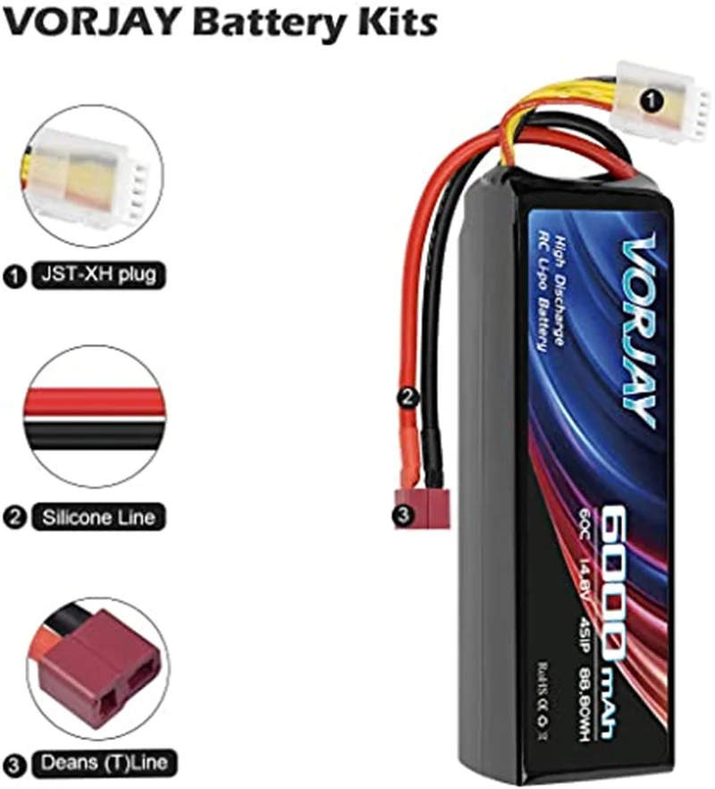 VORJAY 4S 14,8V 60C 6000mAh LiPo Akku mit Deans T Stecker und XT 60 Verbinder Batterie Ersatzakku für Heli Flugzeug Hubschrauber