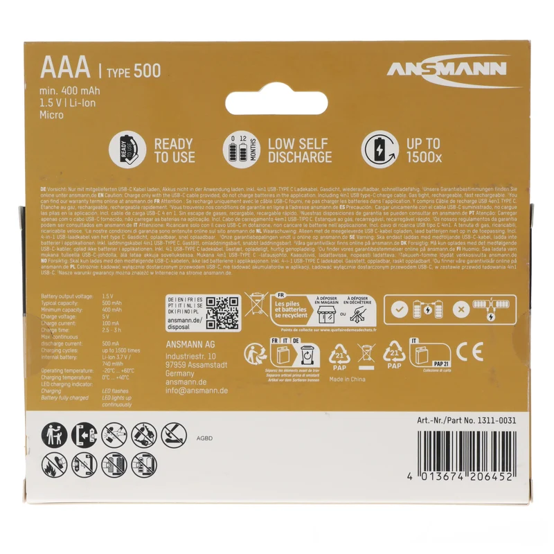 8 Stück Ansmann Premium Li-Ion Akkus Micro AAA 500mAh, mit USB-C Lademöglichkeit, 8er Karton inkl. 2x Akkubox sowie einem 4Fach USB-C Ladekabel