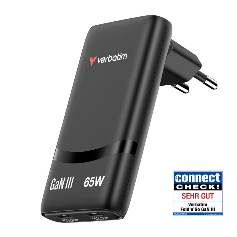 Verbatim Fold 'n’ Go GaN Charger 65W, schwarz 2x USB-C PD mit max. 65W, Retail