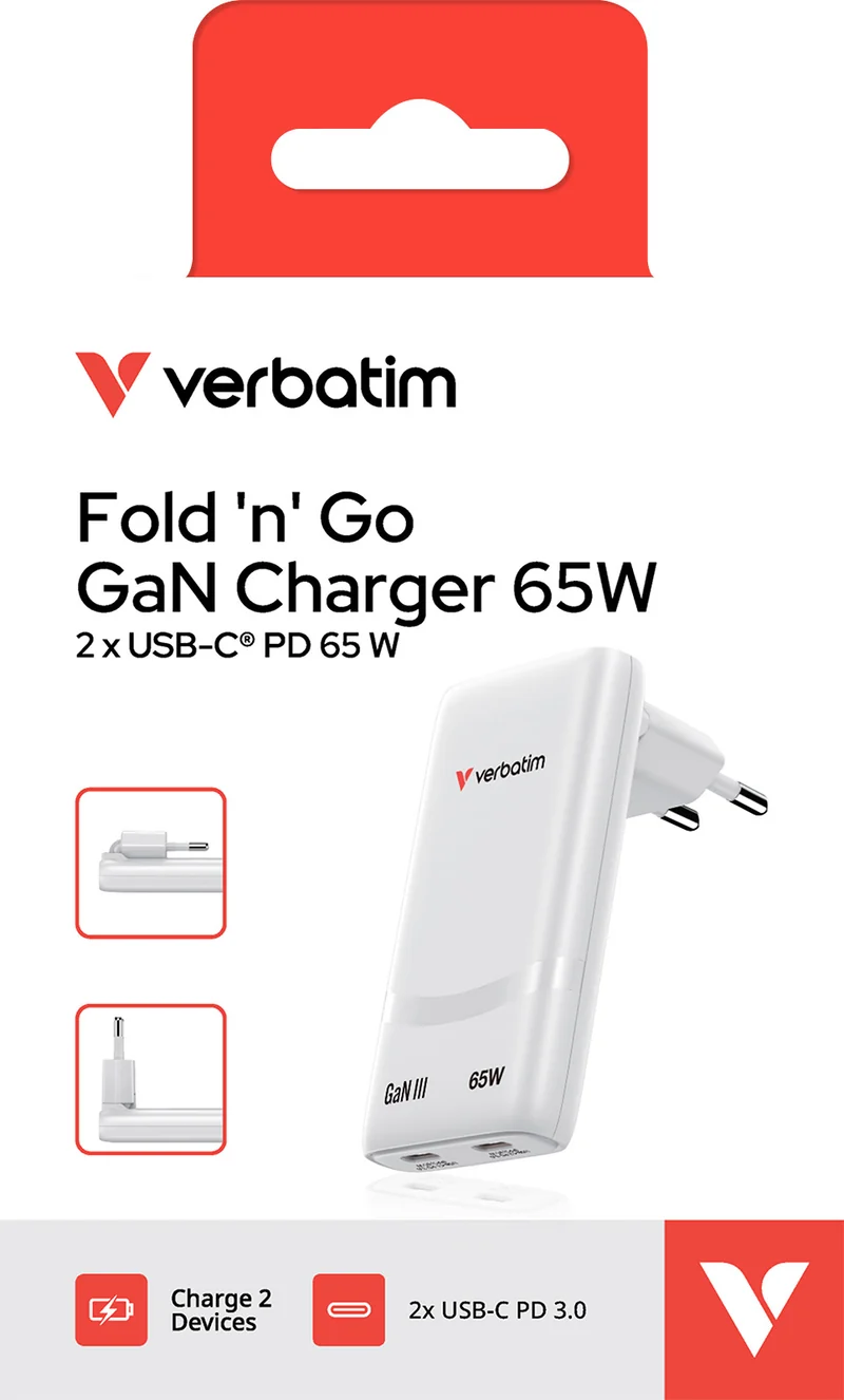 Verbatim Fold 'n’ Go GaN Charger 65W, schwarz 2x USB-C PD mit max. 65W, Retail