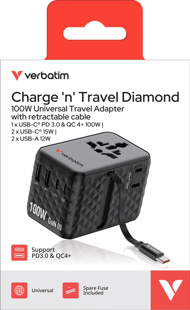 Verbatim Ladeadapter, Charge'n'Travel, GaN III, 100W, USB-C Kabel integriert 2x USB-A QC, 3x USB-C (PD), 100-250V, Retail