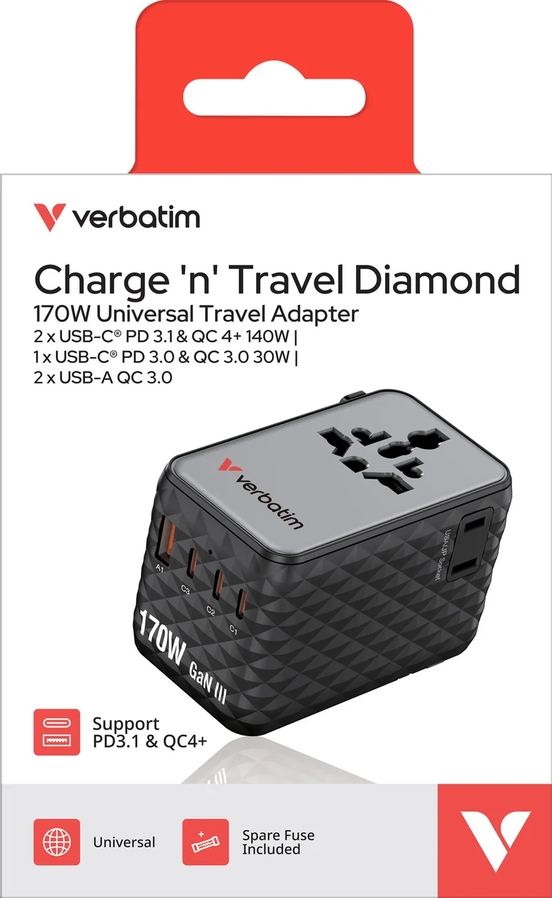 Verbatim Ladeadapter, Charge'n'Travel, GaN III, 170W 1x USB-A QC, 3x USB-C (PD), 100-250V, Retail