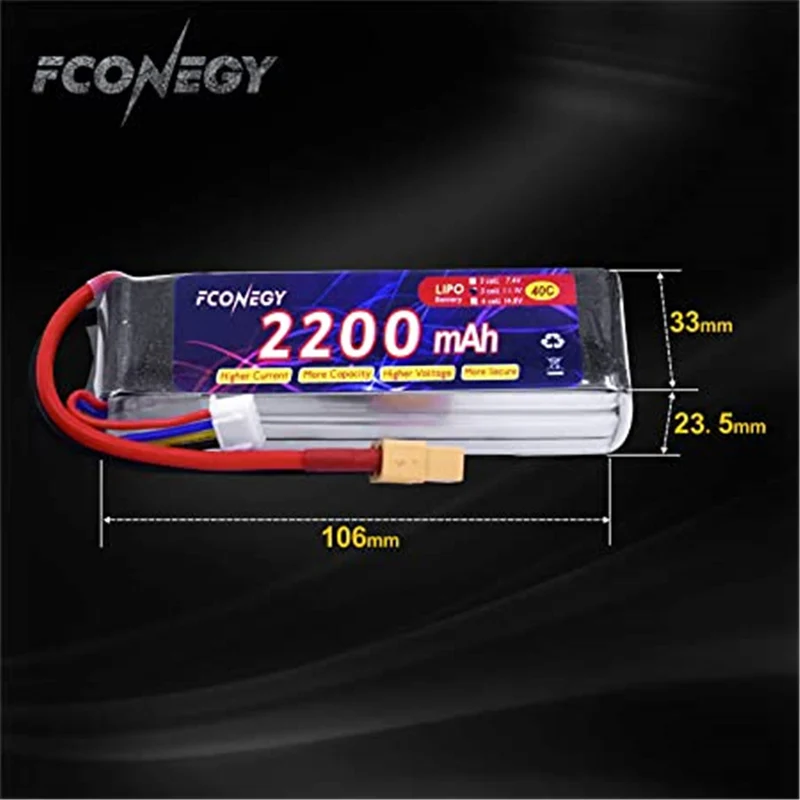RC Akku 3S 11.1V 2200mAh 40C LiPo Batterie mit XT60 Stecker Modellbau Akkupack für RC Quadcopter Drone FPV