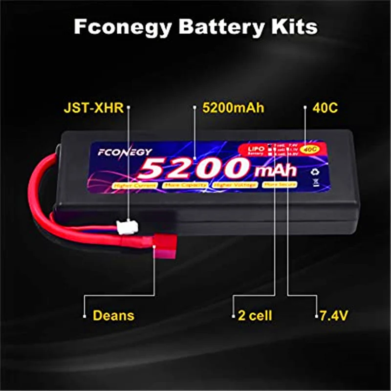 RC Akku 7.4V 5200mAh 2S 40C LiPo Batterie mit Deans T Stecker Modellbau Akkupack für RC Auto Boot Truck