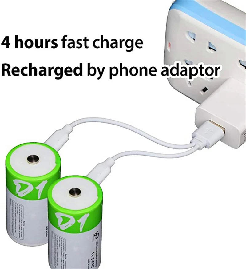 2 Stück Wiederaufladbarer USB D Lithium Ionen Akku, 1,5 V, 12000 mWh, wiederaufladbarer D Akku, 4 Stunden Schnellladung, konstanter