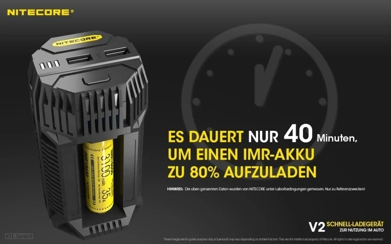 Nitecore V2 Kfz-Schnellladegerät für 1 oder 2 Akkus, mit Kfz-Anschlusskabel, Ladestrom max. 3A