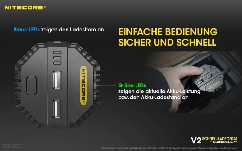 Nitecore V2 Kfz-Schnellladegerät für 1 oder 2 Akkus, mit Kfz-Anschlusskabel, Ladestrom max. 3A