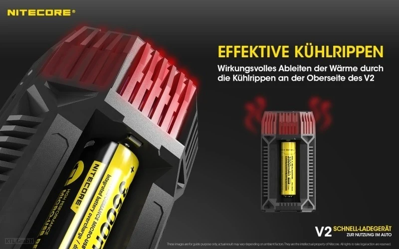 Nitecore V2 Kfz-Schnellladegerät für 1 oder 2 Akkus, mit Kfz-Anschlusskabel, Ladestrom max. 3A