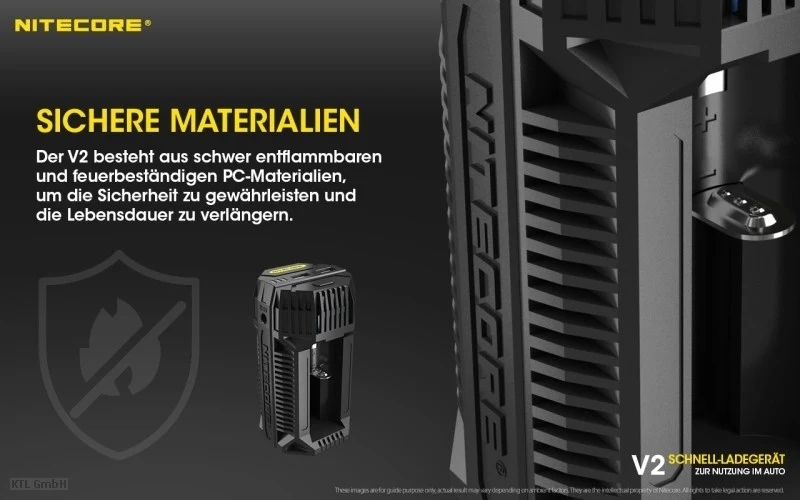 Nitecore V2 Kfz-Schnellladegerät für 1 oder 2 Akkus, mit Kfz-Anschlusskabel, Ladestrom max. 3A