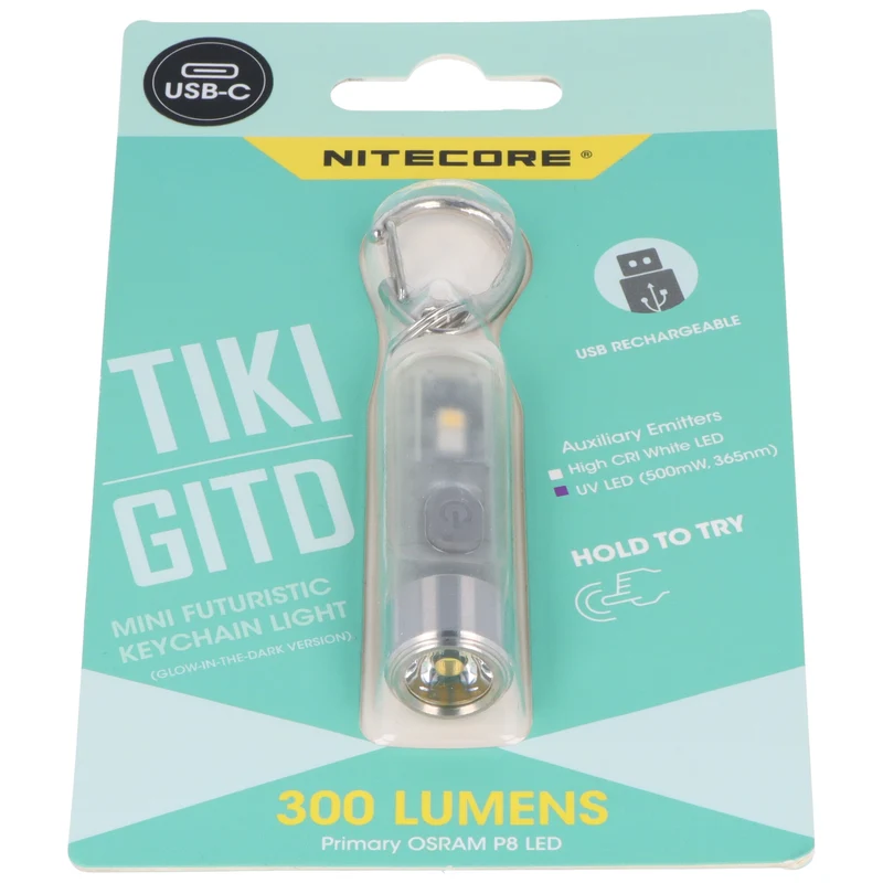 Nitecore TIKI GITD Mini-Schlüsselanhänger-Lampe, glow in the dark, grün, 3 Lichtquellen, 12 gramm ultraleicht