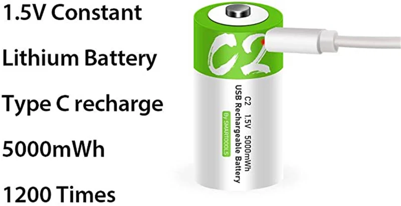 2er Pack Wiederaufladbarer USB C Lithium Ionen Akku, hohe Kapazität, 1,5 V, 5000 mWh, Typ C Port Kabel, konstanter