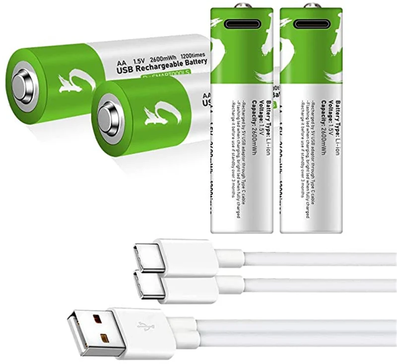 4 Stück Wiederaufladbarer USB AA Lithium Ionen Akku, 1,5 V, 2600 mWh, wiederaufladbarer AA Akku, 1,5 h Schnellladung, konstanter