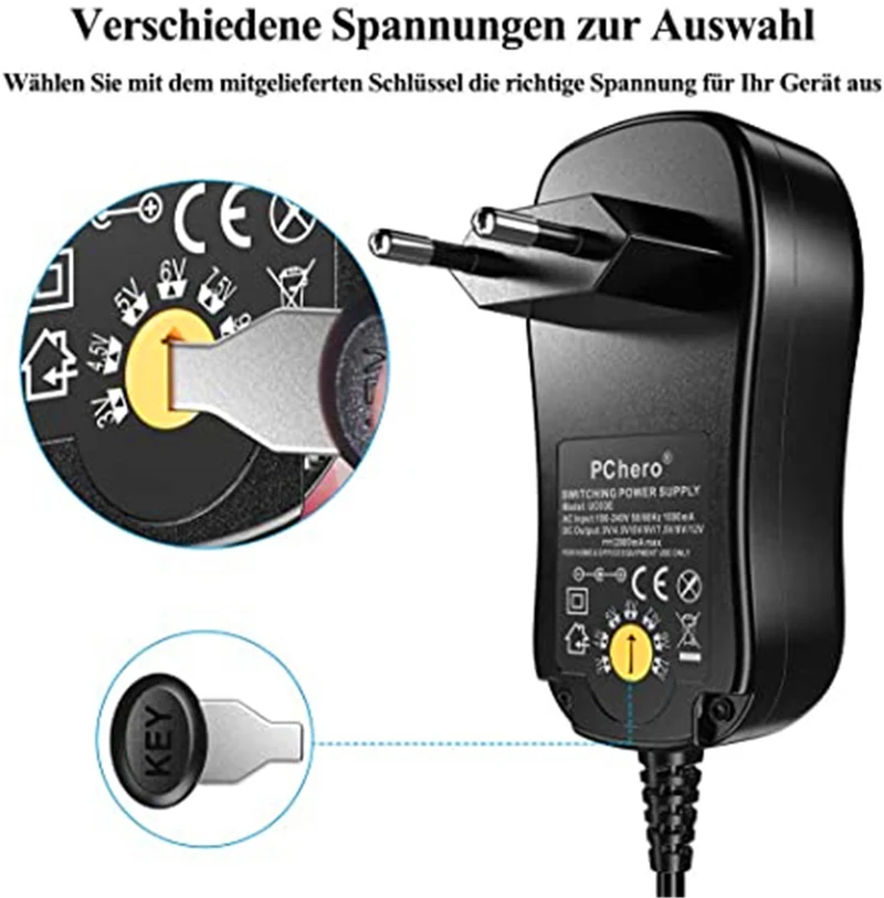 PChero 24W Universal Steckernetzteil mit 8 Abnehmbar DC Stecker für 3V-12V Haus Elektronik und USB-Geräte - 2000mA Max