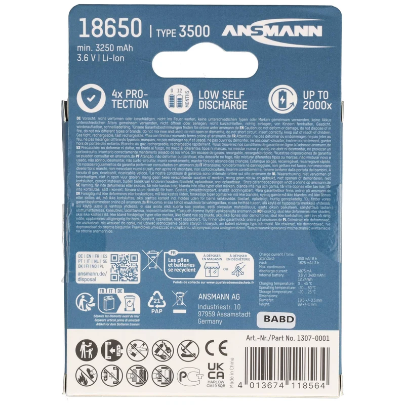 Ansmann Li-Ion Akku 18650 3,6 Volt 3500mAh, 12,6Wh, 70x18,5mm,geschützter Akku Sicherheitsbeschaltung