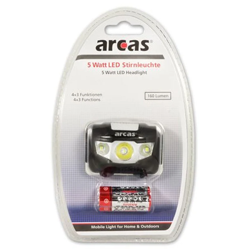 Arcas 5 Watt LED Kopflampe mit 7 Funktionen, max. 160 Lumen, inklusive 3 AAA, Micro LR03 Batterien