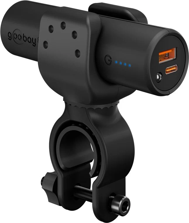 Goobay Bike-Powerbank mit 5000mAh, mobile Powerbank ideal zur Montage am Rahmen, mit USB-A und USB-C-Anschluss