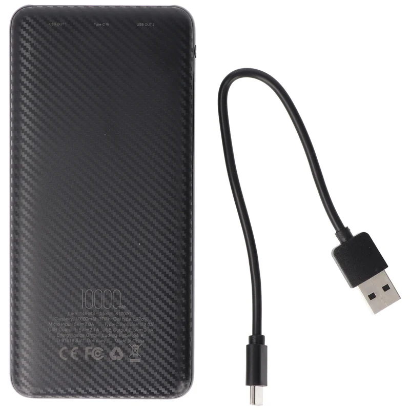 XCell Powerbank X10000 mit 10.000mAh Kapazität, schlankes Design, LED-Display, zweifacher USB-Ausgang, USB-C Ladeport