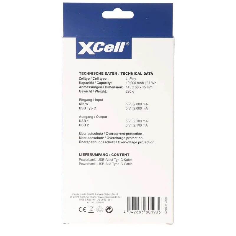 XCell Powerbank X10000 mit 10.000mAh Kapazität, schlankes Design, LED-Display, zweifacher USB-Ausgang, USB-C Ladeport